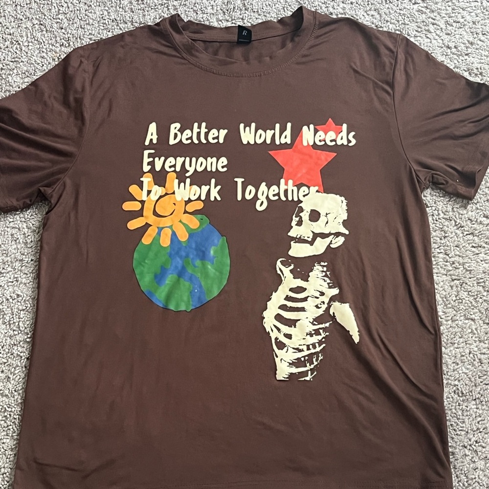 SHEIN Brown Graphic Tee with Earth and Skeleton Design